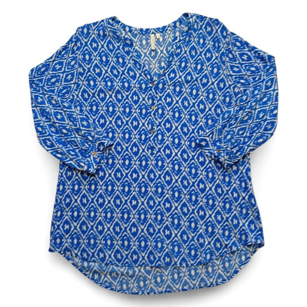 Grand & Greene Women's Blouse Blue & White Print 3/4 Sleeve V-Neck Size L